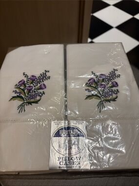 Heritage White Pillowcases with Purple and Green Floral Embroidery